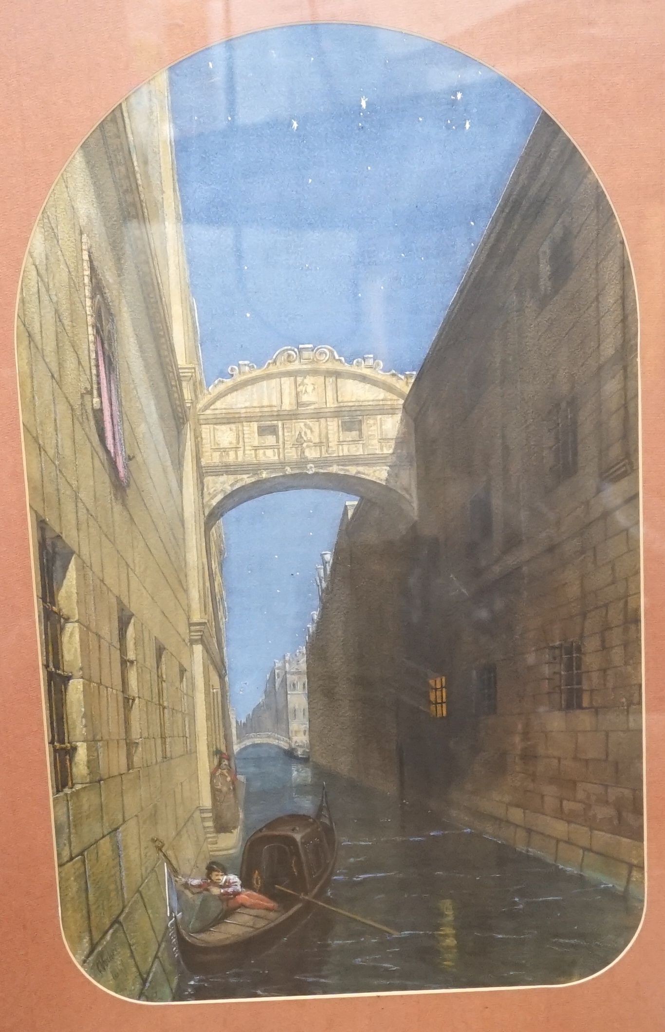 Charles Vacher (1818-1883) Venetian canal scene, Watercolour, signed and dated 1847, in an arched mount, 52 cm X 31 cm